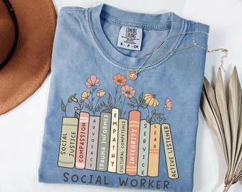 Social Worker Shirt – Book Stack Flowers Social Work Tee – Cute Counselor T-Shirt – Therapist Gift – Social Justice Empowerment Top