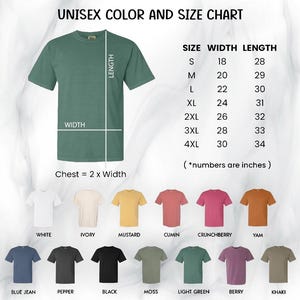 The image is a color and size chart for a green t-shirt, displaying the measurements and corresponding shirt colors.