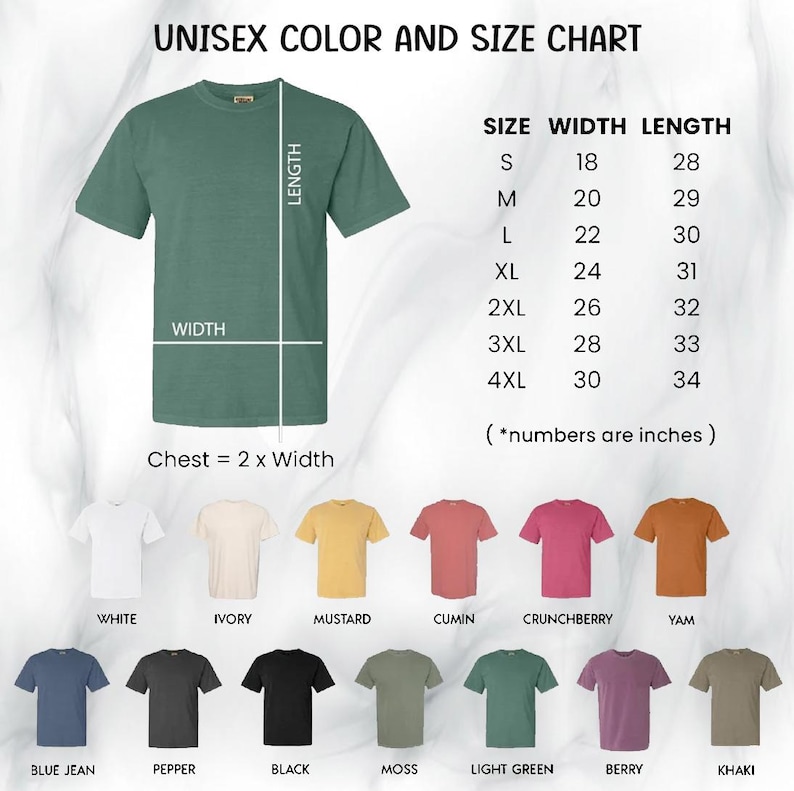 The image is a color and size chart for a green t-shirt, displaying the measurements and corresponding shirt colors.