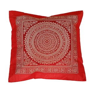 Indian Mandala Silk Indian Ethnic Bohemian Decorative Cushion Cover Handcrafted Throw Pillow Boho Decor Cushion Covers for Gift (Red, 16X16)