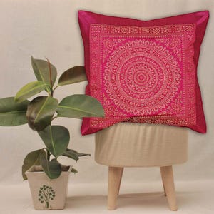 16X16 Indian Mandala Silk Indian Ethnic Bohemian Decorative Cushion Cover Handcrafted Throw Pillow Boho Decor Cushion Covers for Gift (Pink)