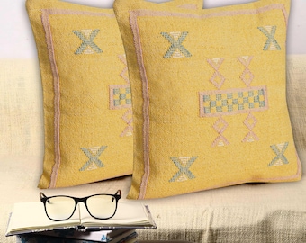 Capa de almofada de seda marroquina com cactos feita à mão: almofada boho amarela 18x18