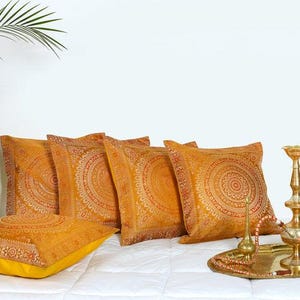 16&quot; Golden Yellow Indian Mandala Silk Indian Ethnic Bohemian Decorative Cushion Cover Handcrafted Throw Pillow Decor Cushion Covers for Gift