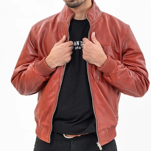 Men&#39;s Orange Red Real Lambskin Leather Zipper Biker Jacket Standup Collar Classic Vintage Fashion Moto Racer Light Weight Jacket Gift ForHim