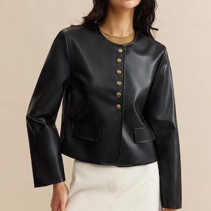 Women&#39;s Elegant Black Cropped Leather Jacket Slim Fit Real Soft Lambskin Winter Fashion Ladies Smart Jacket Office Work Party Festival Coat