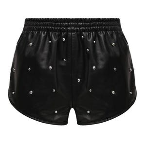 Women&#39;s Black Genuine Lambskin High Waisted Studded Leather Shorts Moto Biker Leather Punk Sexy Party Wear Ladies Mini Shorts Gift for Her