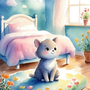 Nursery children wall art, Charming little cat, kids room deco, Home decoration, Magical flowery picture of a cat in bedroom, going to sleep
