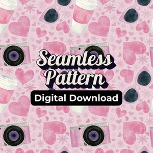 May include: A seamless pattern design featuring pink hearts, cameras, sunglasses, coffee cups, and snowflakes on a light pink background. The text "Seamless Pattern" and "Digital Download" are included.