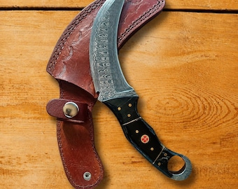 Coltello da caccia Karambit in acciaio di Damasco forgiato a mano, manico in corno, fodero in pelle, fatto a mano