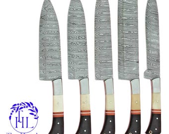 Handmade Damascus Chef Knife Set: Bone Handle, Leather Roll Gift