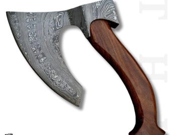 Hand-Forged Damascus Steel Tomahawk Axe | Walnut Handle, Leather Sheath, Survival Tool