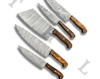 Handmade Damascus Steel Chef Knife Set, Rosewood Handles, Leather Roll