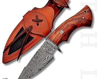 Handmade Damascus Skinning Knife: Twisted Blade & Ash Wood, Leather Sheath