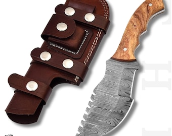 Handmade Damascus Steel Tracker Knife, Rosewood Handle, Leather Sheath