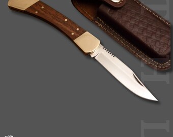 Lock Back Folding Knife | Damascus Steel Blade Brass Bolsters, Pocket Knife with Leather Sheath