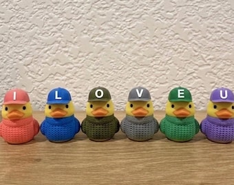 3D Printed Crochet Sweater Duck, Build Your Own Hat, One Letter On The Hat