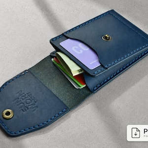 May include: A navy blue leather wallet with visible stitching, a brass snap closure, and an open flap. The wallet contains several cards and paper currency. The embossed text on the flap reads SUN WORN SYDNEY. A PDF pattern icon is in the corner.