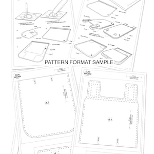 May include: A collection of white paper pattern sheets for a sling bag, featuring detailed diagrams and instructions. The sheets include the text "SUN WORN" and "PATTERN FORMAT SAMPLE". The bag design is visible in the diagrams.