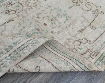 4x7 Beige Green Vintage Turkish Rug, Hand-Knotted Wool Rug, 4x7 Floral Neutral Oushak Rug, Living Room, Bedroom, Entryway Rug, 3.6x6.8 Ft