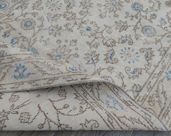 4x6 Vintage Rug, Handmade Rug, Beige Oriental Rug, Oushak Area Rug, Small Rug, Turkish Muted Rug, Blue Floral Rug, Living Room Rug, Wool Rug