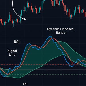 May include: A chart illustrating financial data analysis with the text "Catching High Reversal Points." It includes lines, bands, and the text "RSI," "Signal Line," and "Dynamic Fibonacci Bands." The number "68" is also visible.