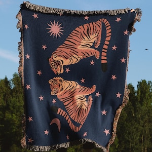 Tiger Woven Blanket, Celestial Jungle Throw, Boho Tiger Tapestry, Cosmic Animal Decor, Starry Night Blanket, Mystical Home Accent, Cozy Gift