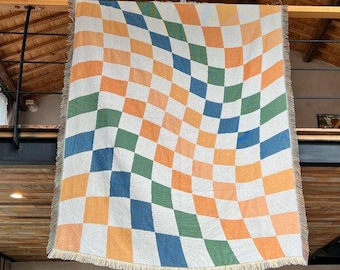 Kleurrijke geweven deken met schaakbordmotief – Retro geometrische slaapbank picknickkleed, gezellige decoratieve bankdeken voor thuis, geweven deken
