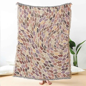 Leaf Swirl Jacquard Woven Blanket – Beige Botanical Throw Blanket With Colorful Leaves For Couch, Bed, Boho Decor Or Nature-Inspired Home