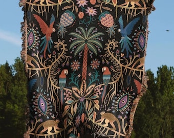 Joyful Jungle Jacquard Woven Blanket – Tropical Throw with Parrots, Monkeys & Palm Trees, Boho Animal Decor for Nature Lovers