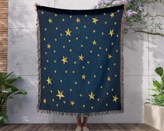 Starry Night Woven Blanket, Dark Blue Throw with Gold Stars, Cozy Celestial Decor, Galaxy Inspired Home Gift