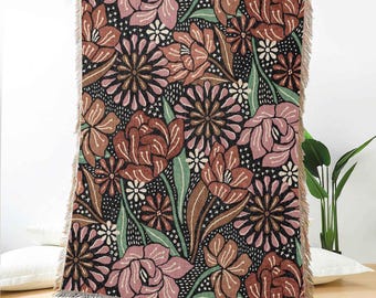 Dark Floral Jacquard Woven Blanket – Vintage Inspired Tapestry Throw with Pink and Rust Flowers for Sofa, Bed, or Boho Home Decor