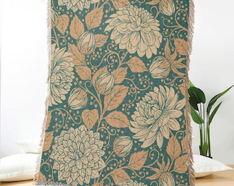 Dahlia Floral Woven Throw Blanket, Teal Jacquard Tapestry, Cozy Boho Sofa Blanket, Decorative Bedspread, Cottagecore Home Decor