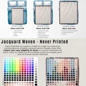 May include: Image showing woven blanket sizes: 37"x52", 50"x60", and 60"x80". The image also includes a color palette and a sample blanket design. Text on the image reads "Jacquard Woven - Never Printed" and "MagicMerchEmporium".