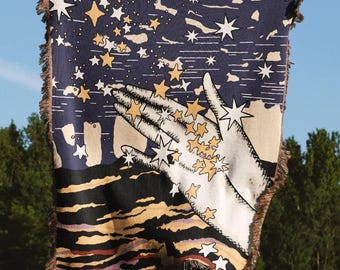 Celestial Woven Throw Blanket – Dreamy Jacquard Tapestry with Stars and Hand Design, Cosmic Art Blanket for Bed, Couch, or Wall Hanging