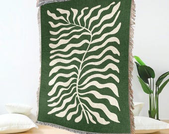 Botanical Woven Throw Blanket – Cozy Green & White Tapestry – Nature-Inspired Home Decor – Boho Aesthetic Blanket for Bed, Couch - Gifts