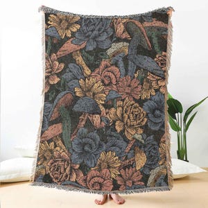 Geweven deken met paddenstoelen en paddenstoelen – Botanische Cottagecore-deken met vintage bosprint voor bank, bed of wandtapijt