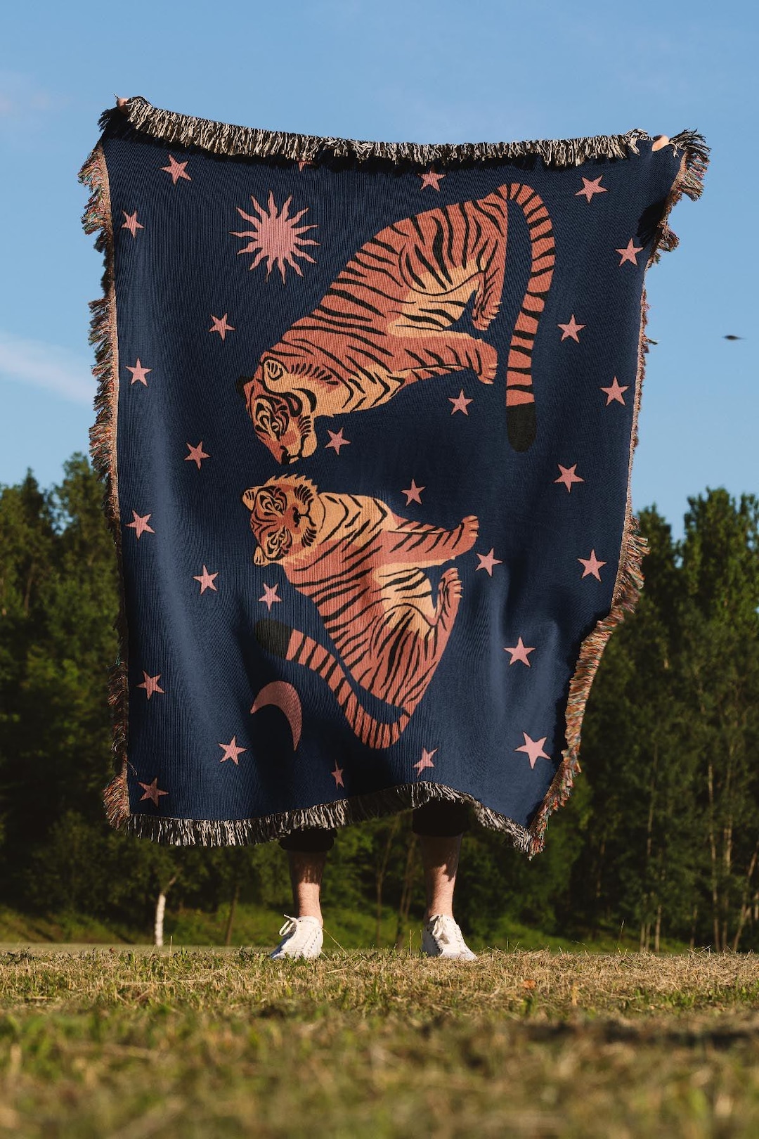 Tiger Woven Blanket, Celestial Jungle Throw, Boho Tiger Tapestry ...