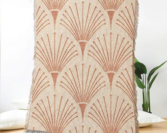Jacquard Woven Blanket With Terracotta Fan Pattern - Boho Throw Blanket For Sofa, Bed, Picnic Or Rustic Home Decoration
