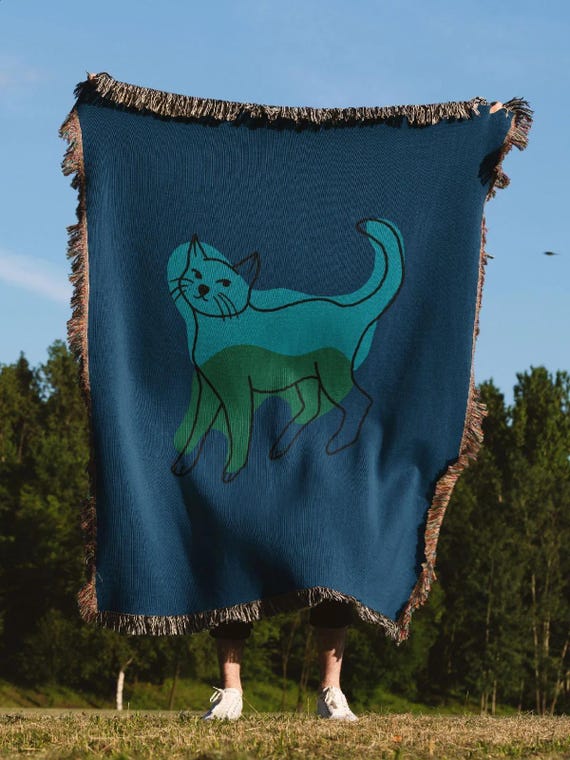 Green Blue Cat Woven Blanket - Playful Jacquard Throw With Minimalist Pet Design, Cozy Sofa Blanket For Cat Lovers And Modern Home Decor