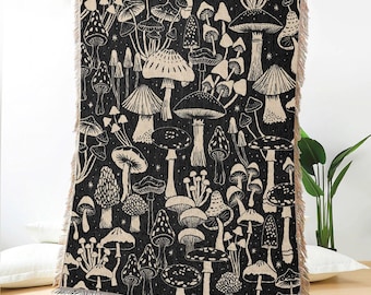 Boho Mushroom Woven Blanket - Cozy Cotton Throw - Black & Beige Aesthetic - Cottagecore Home Decor - Unique Psychedelic Forest Bedding