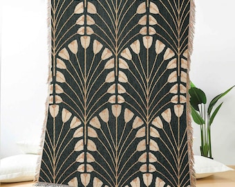 Coperta in tessuto jacquard con motivo botanico verde e foglie color crema – Coperta accogliente ispirata alla natura per divano, letto o arredamento rustico per la casa