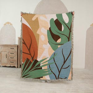 Colorful Abstract Leaf Jacquard Woven Throw Blanket – Boho Botanical Sofa Bed Picnic Rug, Cozy Home Decor Blanket, Woven Blanket