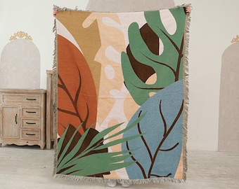 Coperta jacquard tessuta con foglie astratte colorate - Tappeto da picnic per divano letto in stile boho botanico, accogliente coperta per la casa, coperta tessuta