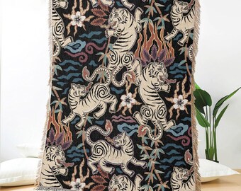 Flaming Tigers Jacquard Woven Throw Blanket – Bold Black Fire Tiger Art Pattern for Sofa, Bed, Wall Tapestry or Statement Decor Piece