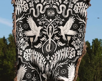 Mystical Jacquard Woven Blanket – Black Witch Garden Tapestry With Snakes, Birds, Floral And All-Seeing Eye, Boho Gothic Home Decor