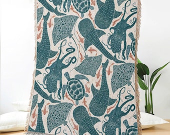 Ocean Woven Blanket, Marine Life Throw, Sea Creature Tapestry, Nautical Coastal Decor, Octopus Whale Blanket, Underwater Theme Home Accent