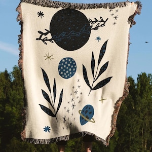 Space Botanical Woven Throw Blanket, Planet Stars Jacquard Tapestry, Boho Galaxy Art Blanket, Cosmic Couch Throw, Astral Nature Decor