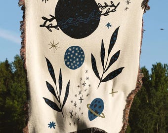 Astronaut Floral 100% Cotton Woven Blanket, Space Lover Gift