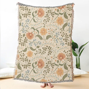 Floral Woven Throw Blanket, Botanical Jacquard Tapestry, Cottagecore Sofa Blanket, Cozy Boho Couch Throw, Nature Inspired Home Decor