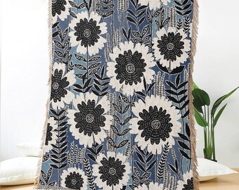 Retro Floral Jacquard Woven Blanket – Blue And Black Garden Flower Throw For Couch, Bed Or Wall Hanging Vintage Style Boho Decor